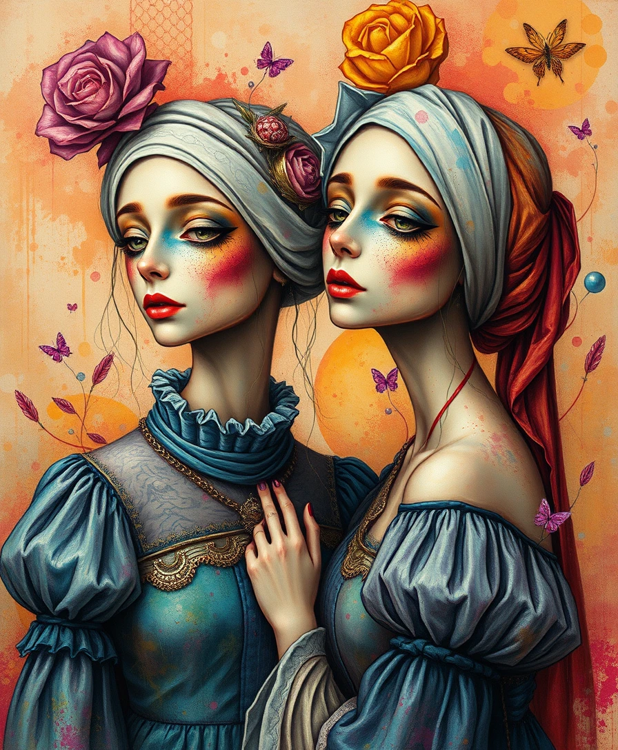 Sorelle surreali in un vivace dipinto fantasy pop-surrealista