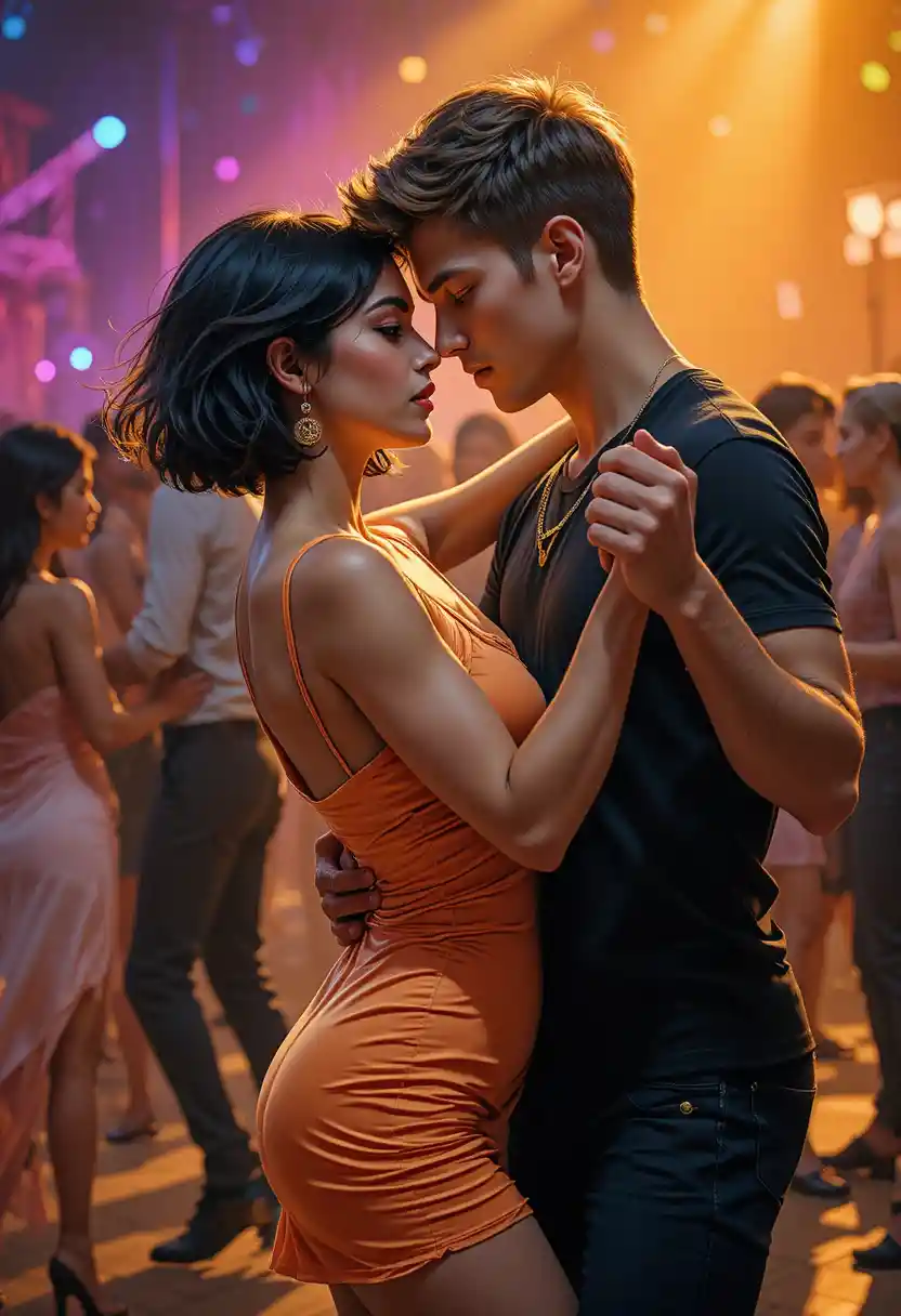Young couple dancing closely on a vibrant club floor