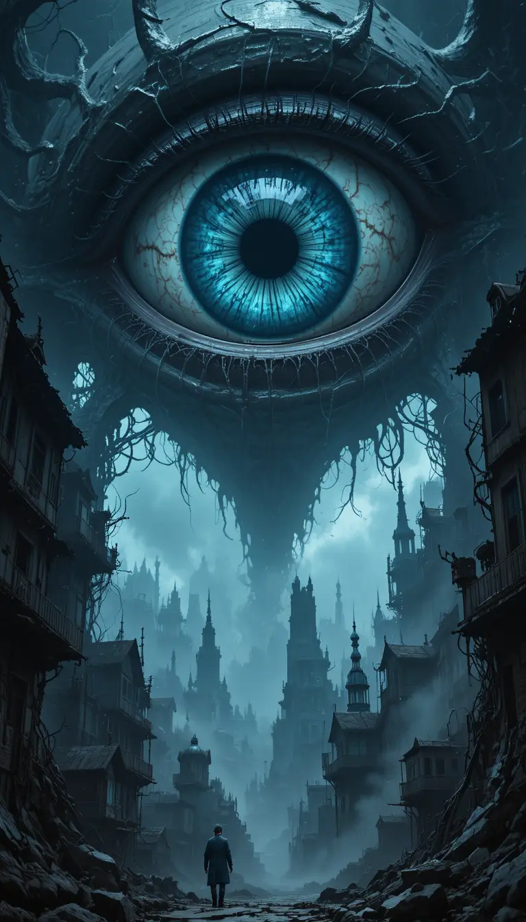 Gigantesque œil bleu au-dessus d’une ville surréaliste en ruines