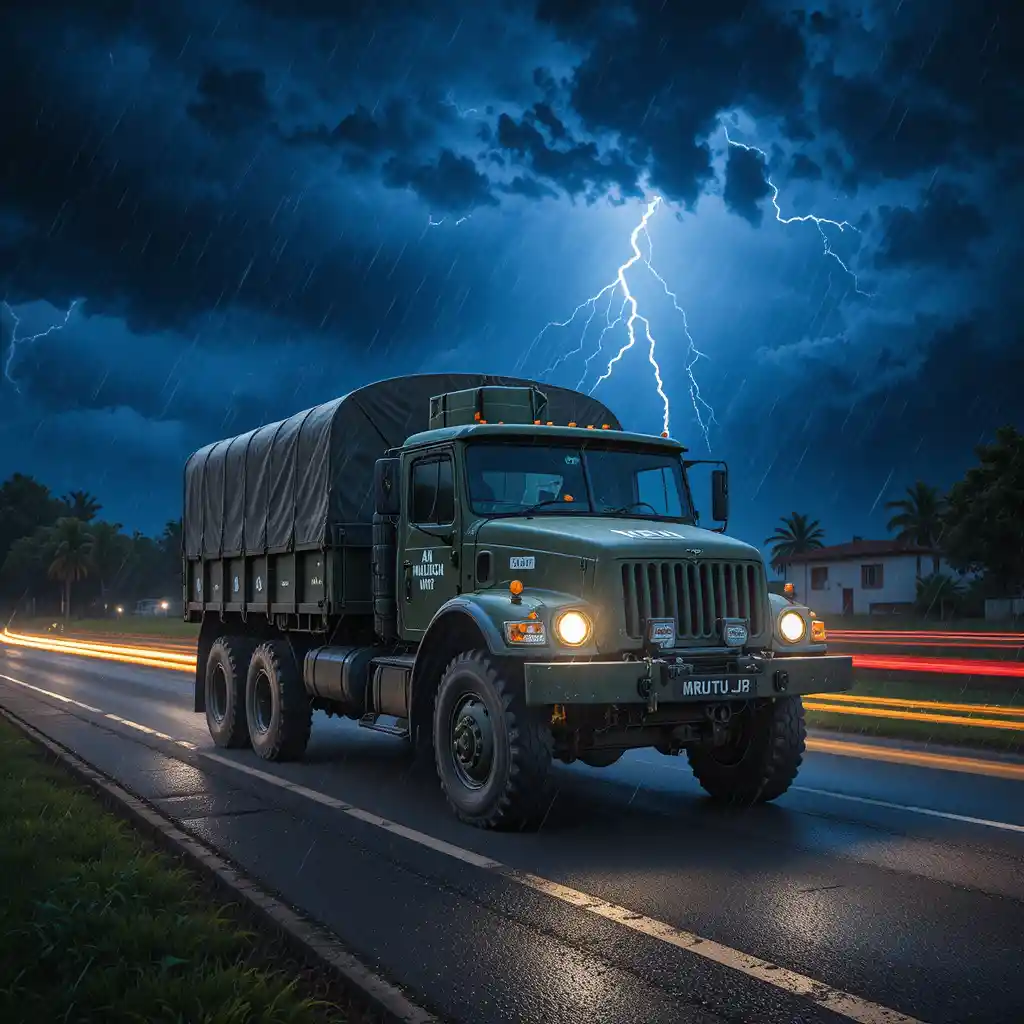Military truck driving through a violent night thunderstorm