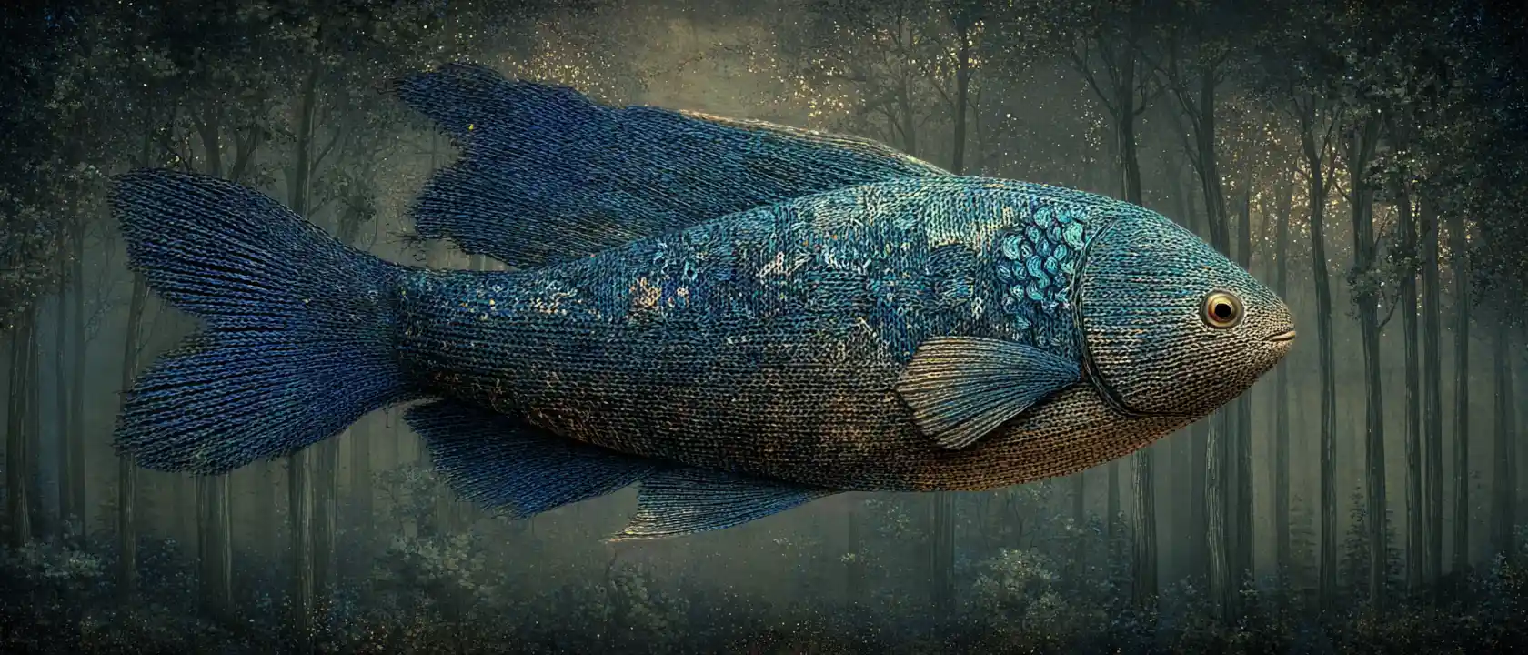魔法森林中在雲間飛翔的超現實藍色魚