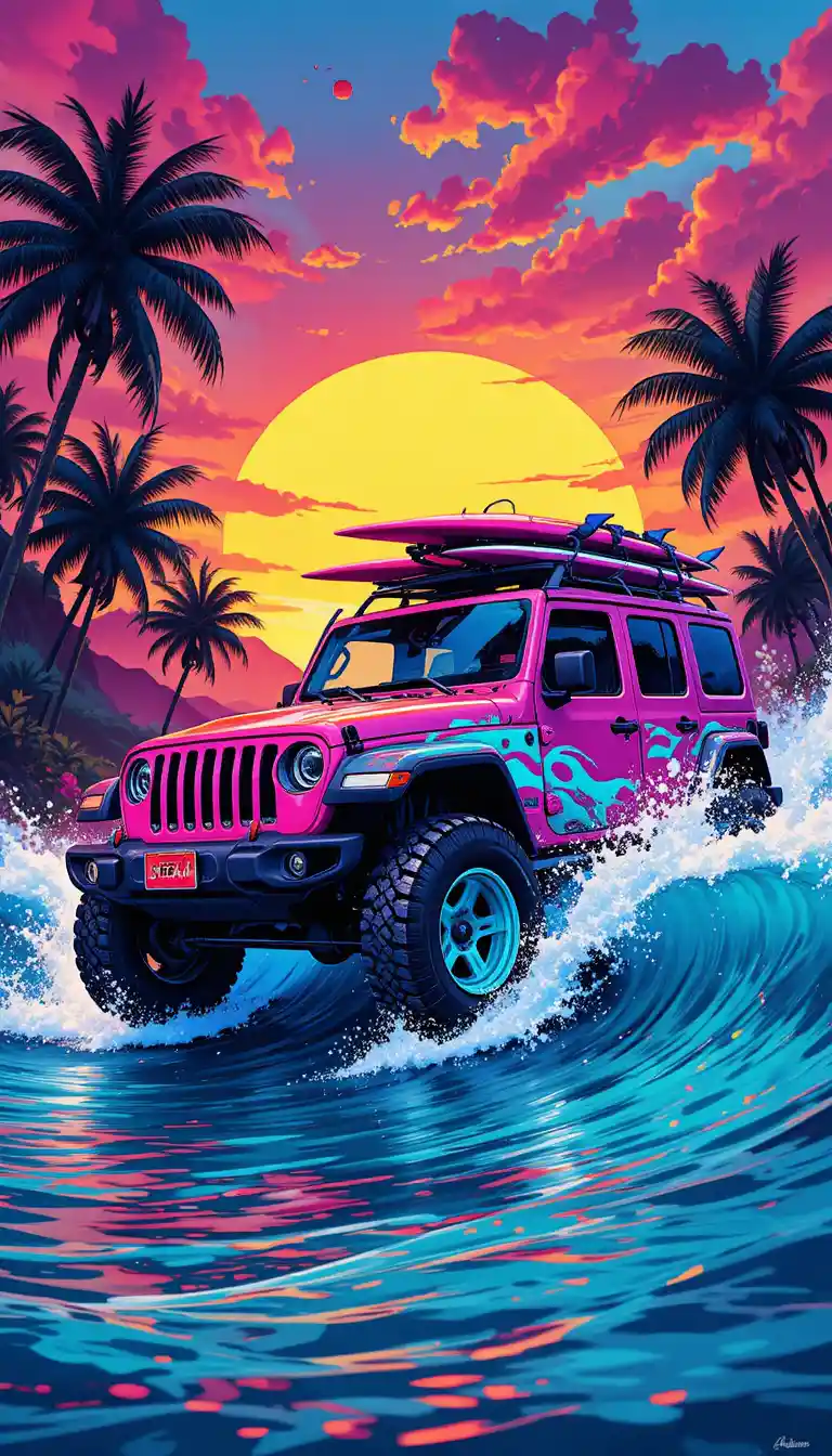 Colorful jeep riding a tropical wave at sunset