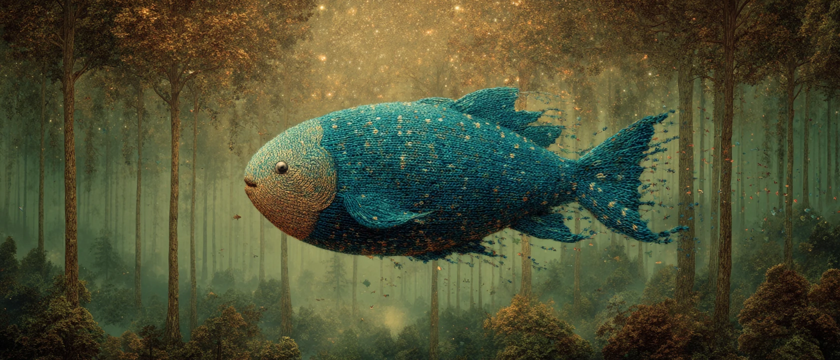 Surreal blue fish flying through a magical forest sky