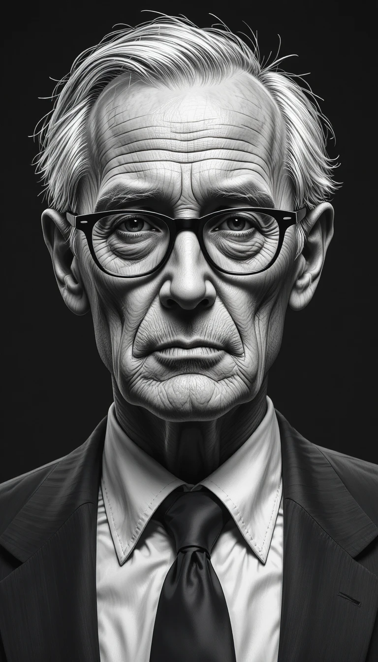 Retrato de idoso de terno em desenho digital em tons de cinza