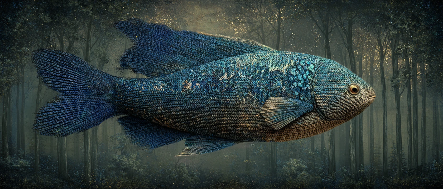 Surreal blue fish flying among clouds in a magic forest