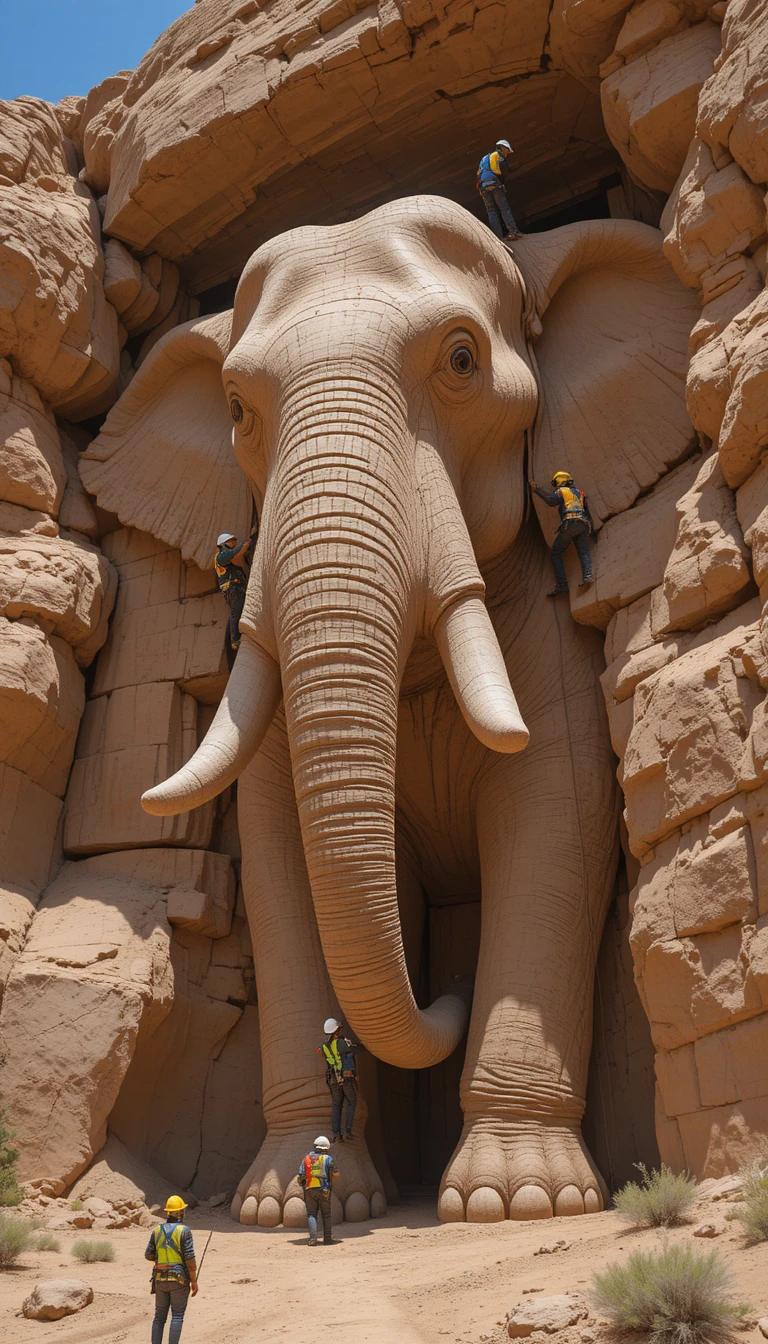 Trabalhadores escalando uma colossal escultura de elefante no deserto