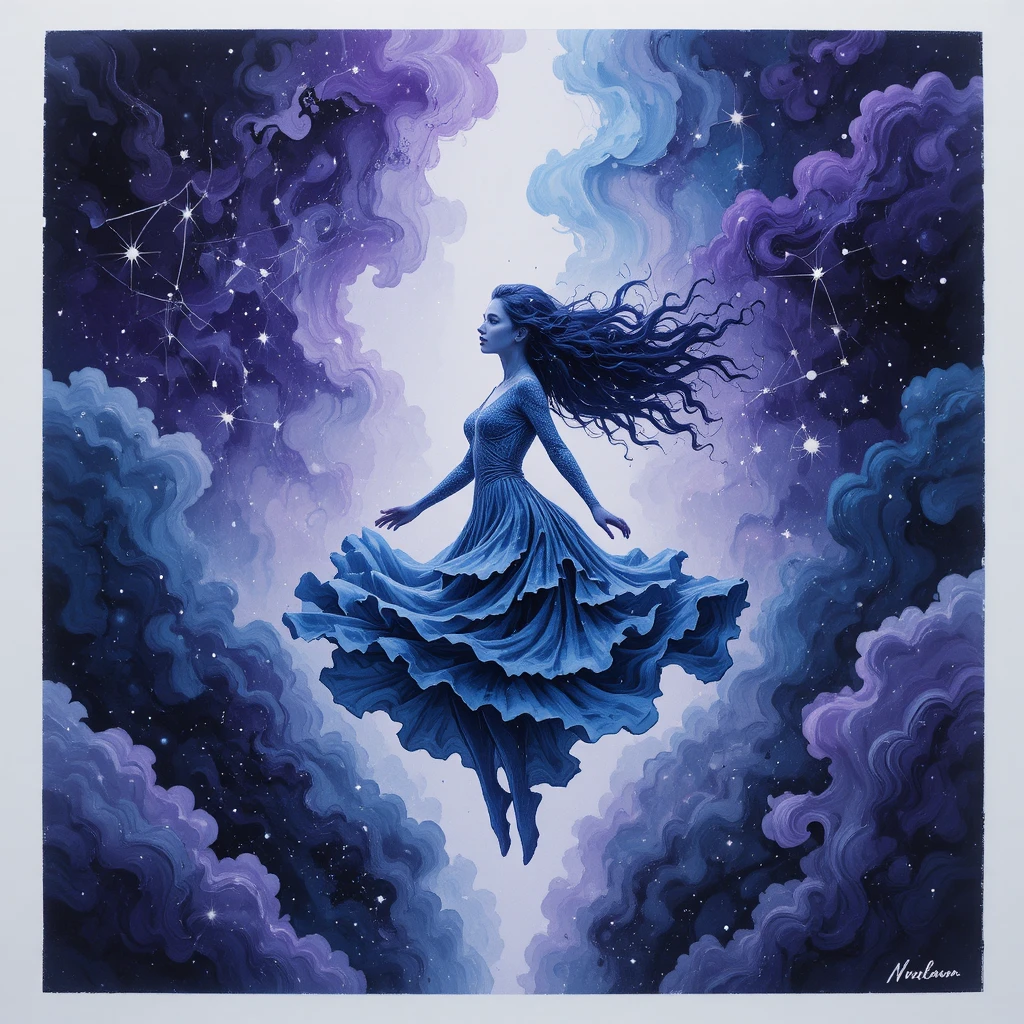 Chica Flotando en un Cosmos de Tinta Onírica con Constelaciones en Movimiento