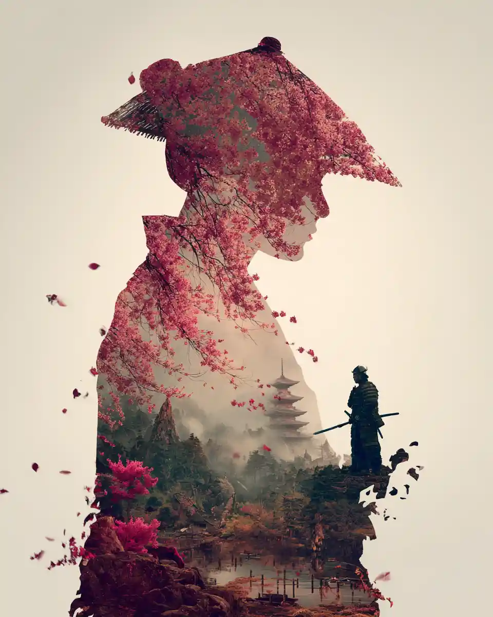 Geisha et samouraï en silhouette avec des fleurs de cerisier