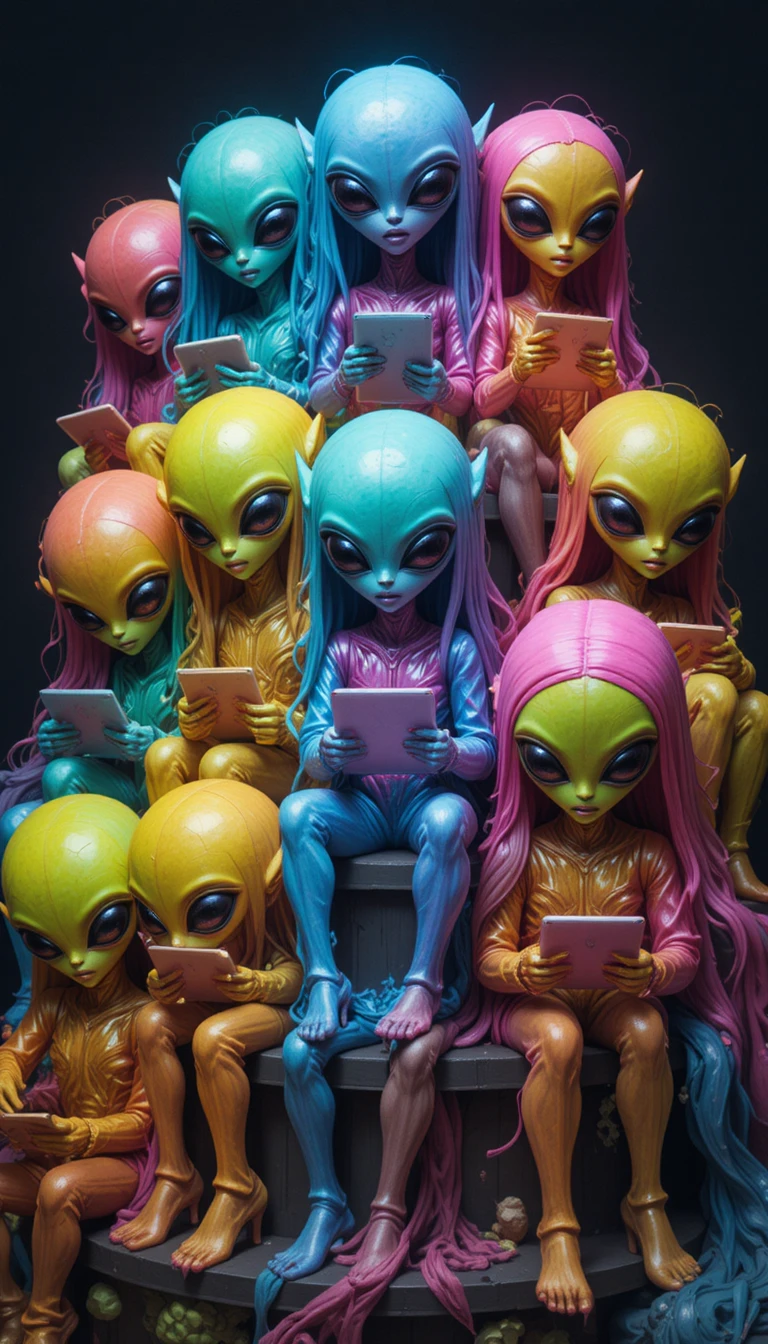 Alienígenas coloridos em trajes metálicos relaxando em suporte em níveis