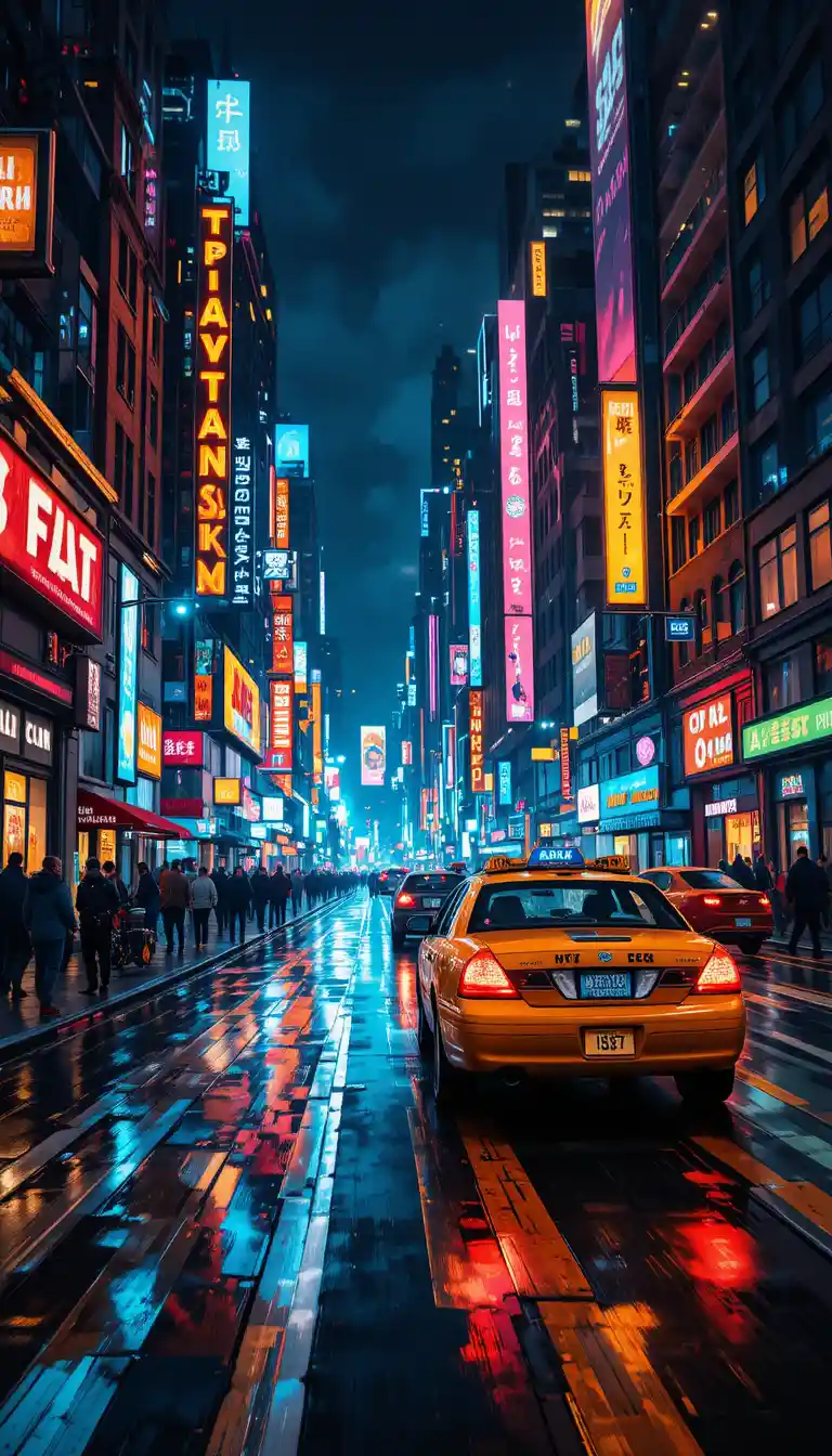 Gelbes Taxi auf neonbeleuchteter Stadtstraße bei Nacht