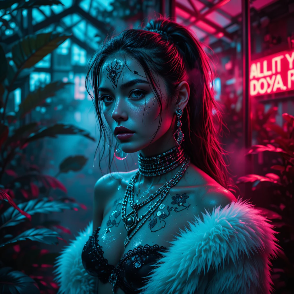 Retrato de Locutora Cyberpunk en Invernadero Iluminado con Neón