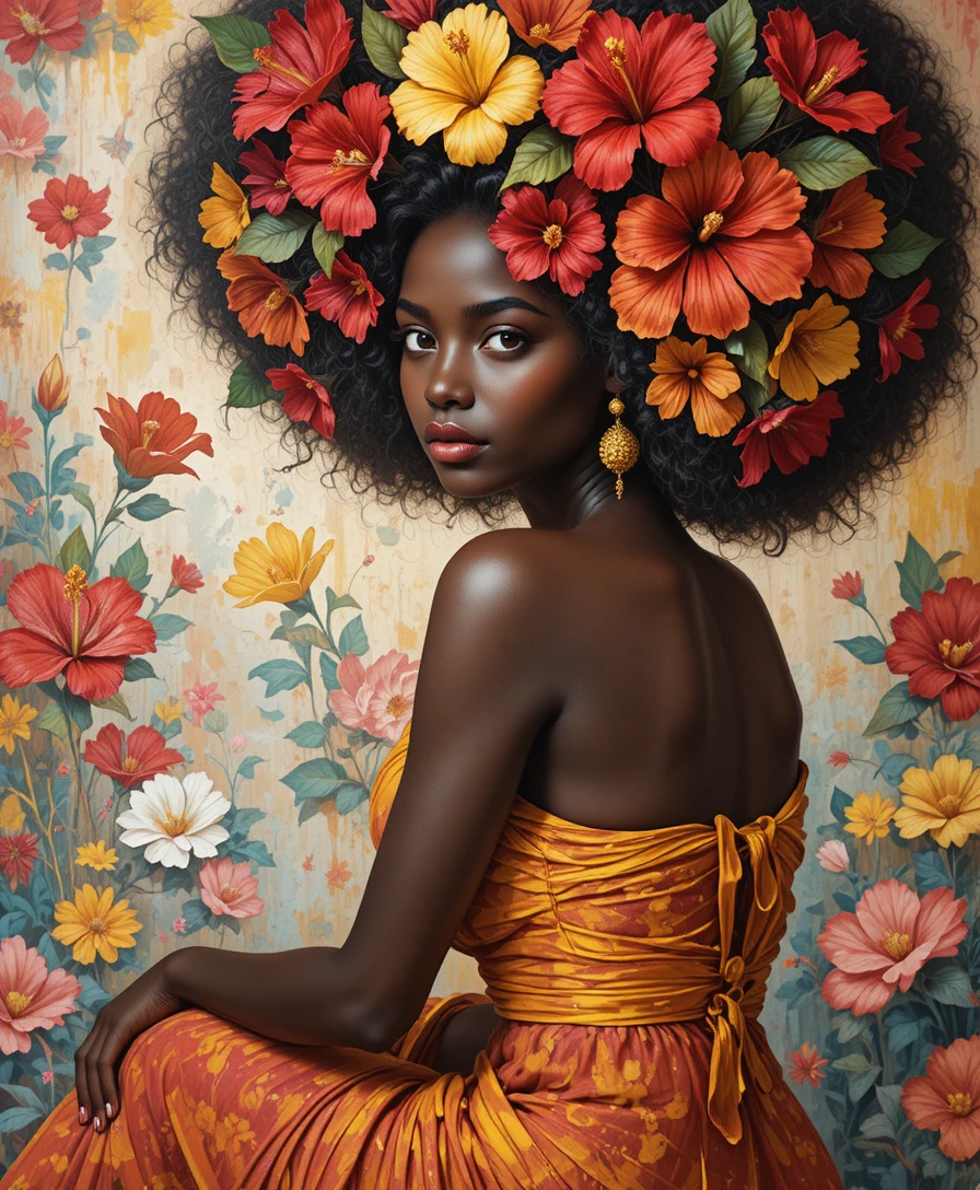Retrato africano de mulher com cabelo afro de flores de hibisco