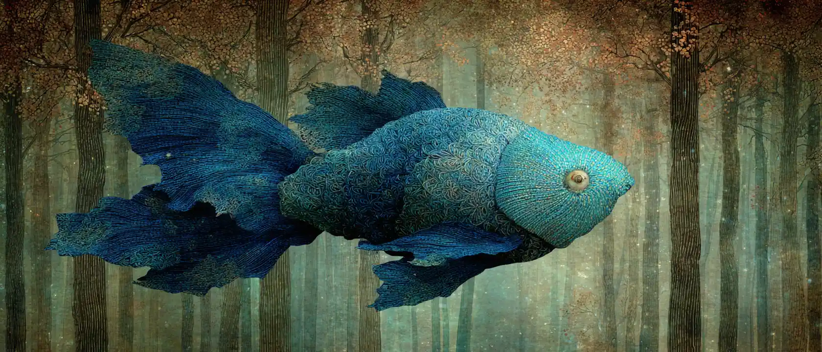 魔法森林中穿越雲端飛翔的超現實藍色魚