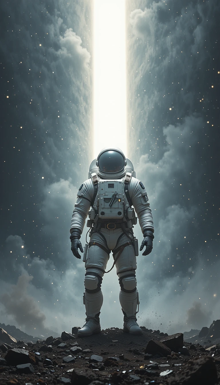 Astronaut vor blendendem vertikalem kosmischem Licht im Schattenriss