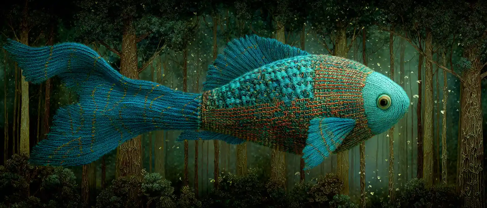 Surreal blue fish flying through a shimmering forest sky