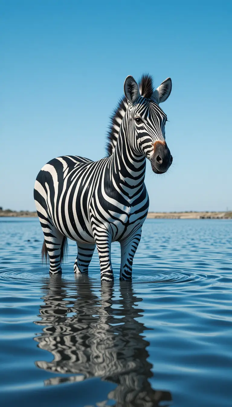 Zebra im ruhigen, kräuselnden Wasser unter klarem blauen Himmel gespiegelt
