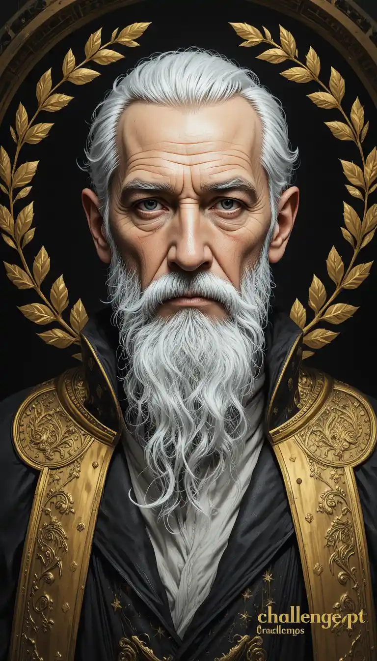 Solemn older man in gold trimmed robe on dark background