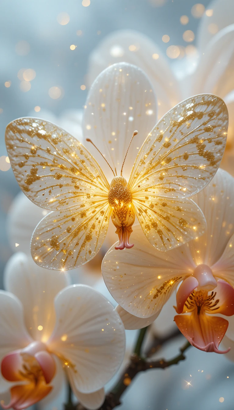 Macro di orchidea luminosa con dettagli dorati e ispirati a Gzhel
