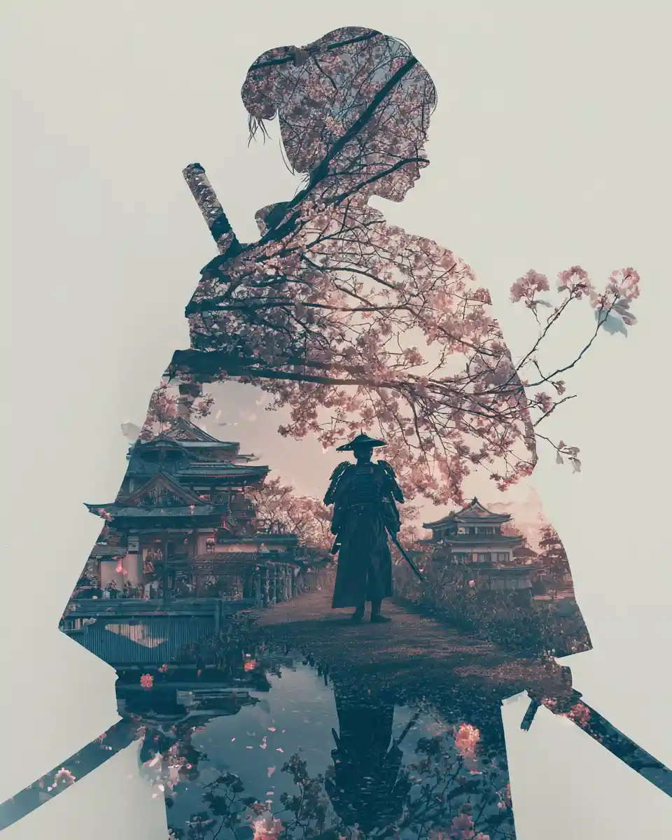 Silhuetas de gueixa e samurai com flores de cerejeira