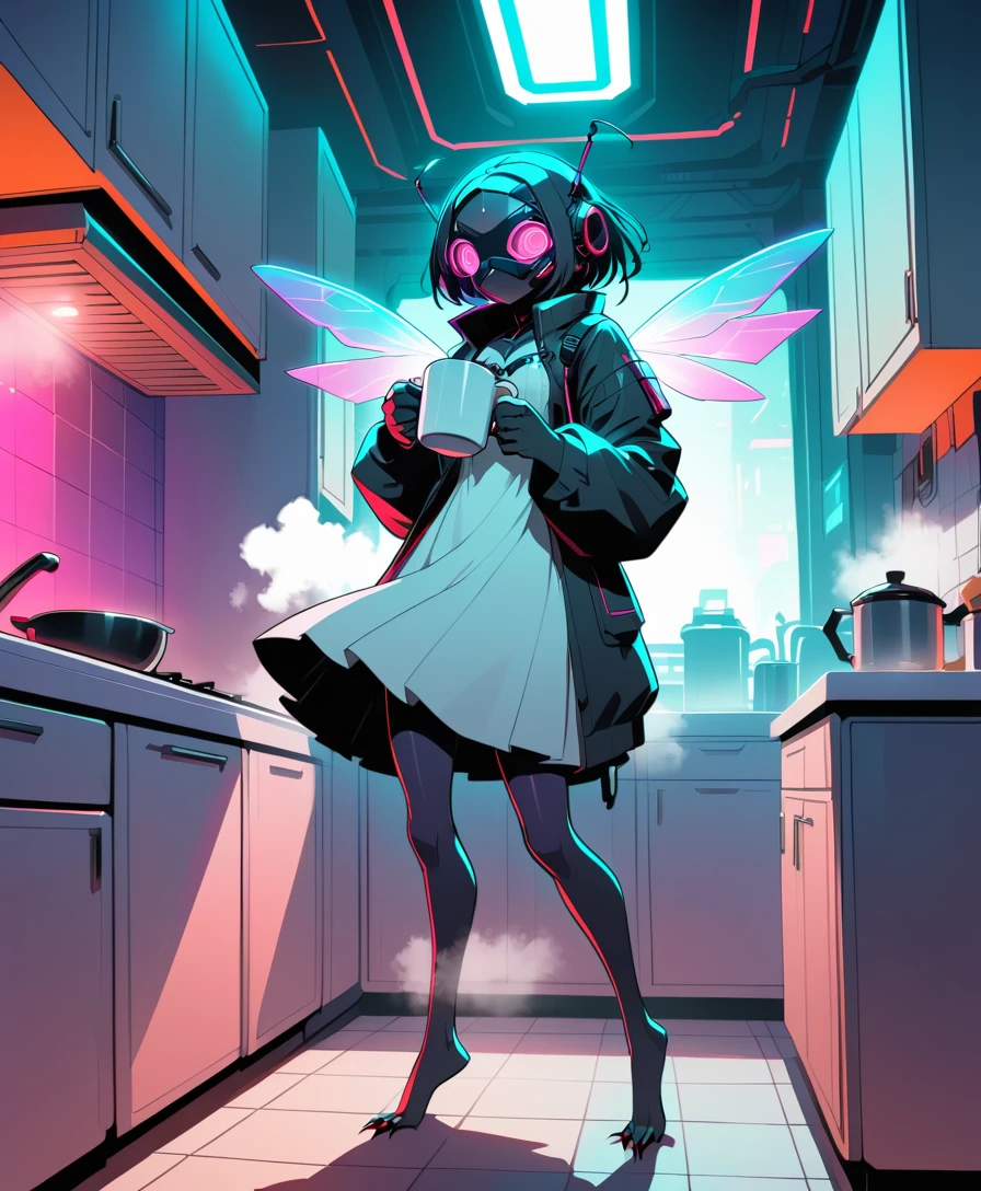 Mosca cyberpunk con camisón caminando por una cocina de neón
