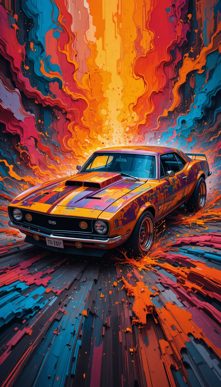 Bunter Muscle-Car vor wirbelndem, feurig-abstraktem Hintergrund