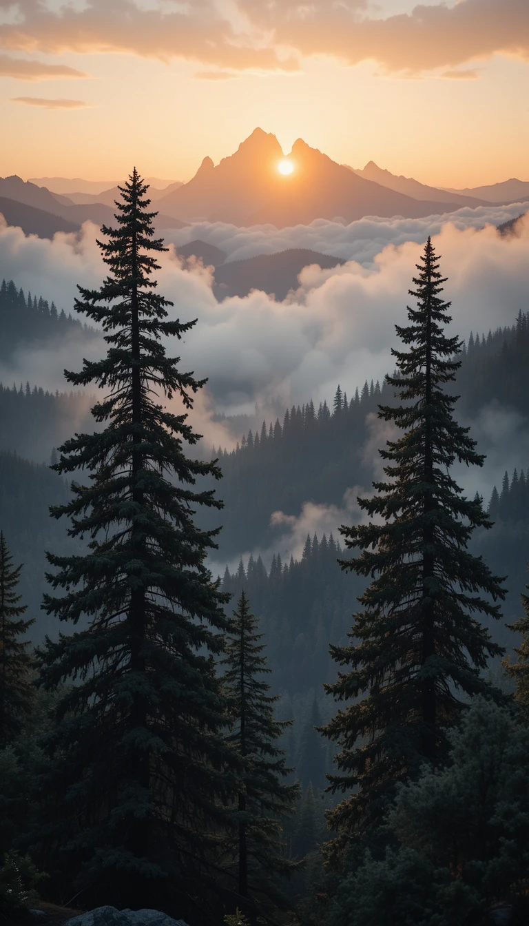 Misty mountain forest at dawn with warm rising light