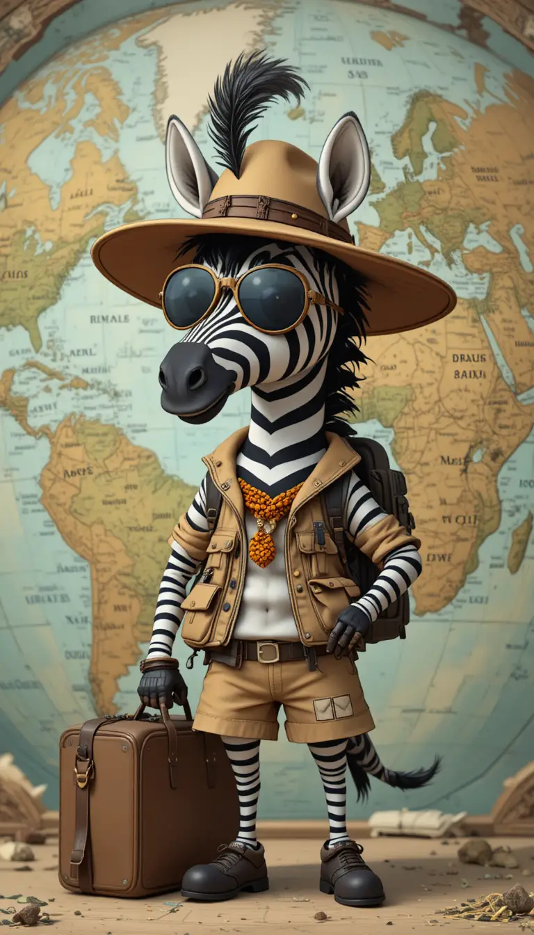 Zebra viajante em estilo cartoon com roupa de safári e fundo de mapa