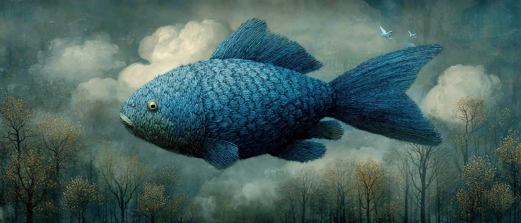 Surreal blue fish flying among clouds in forest