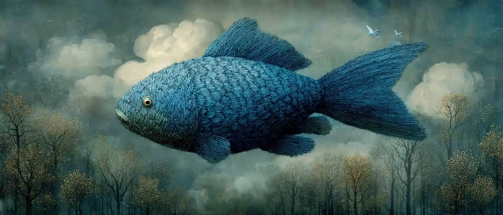 Surreal blue fish flying among clouds in forest
