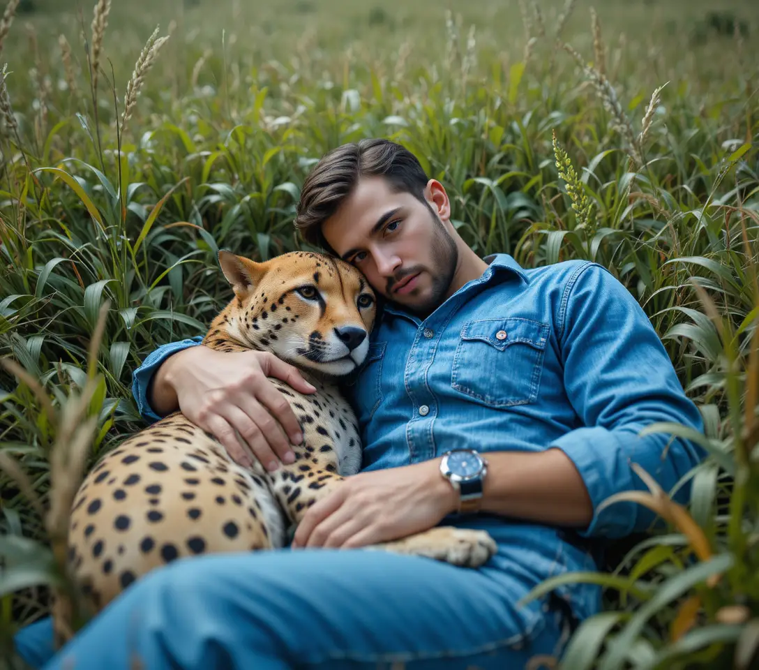 Homme se relaxant dans l’herbe en caressant doucement un guépard