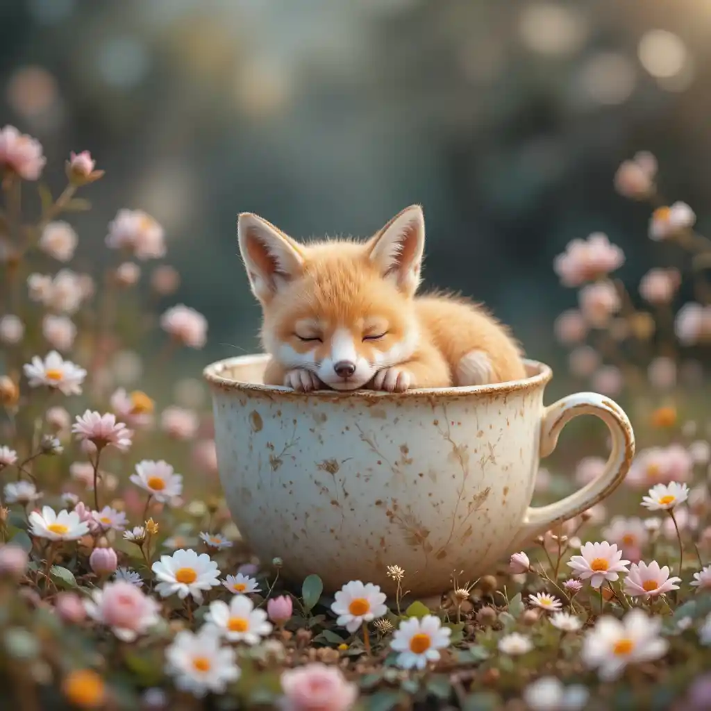 Filhote de raposa fofo dormindo em uma xícara de cerâmica entre flores