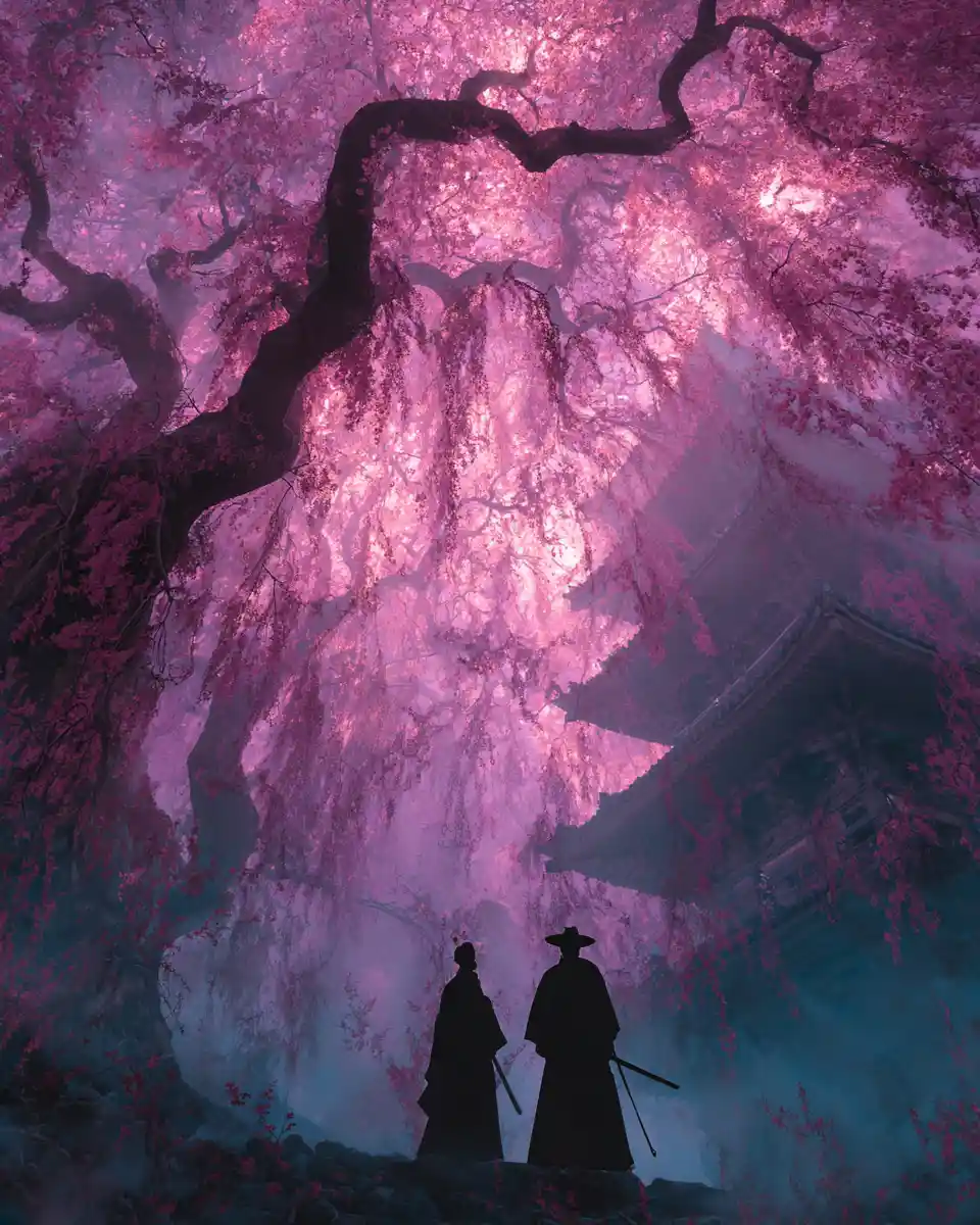 Geisha e samurai em silhueta com flores de cerejeira
