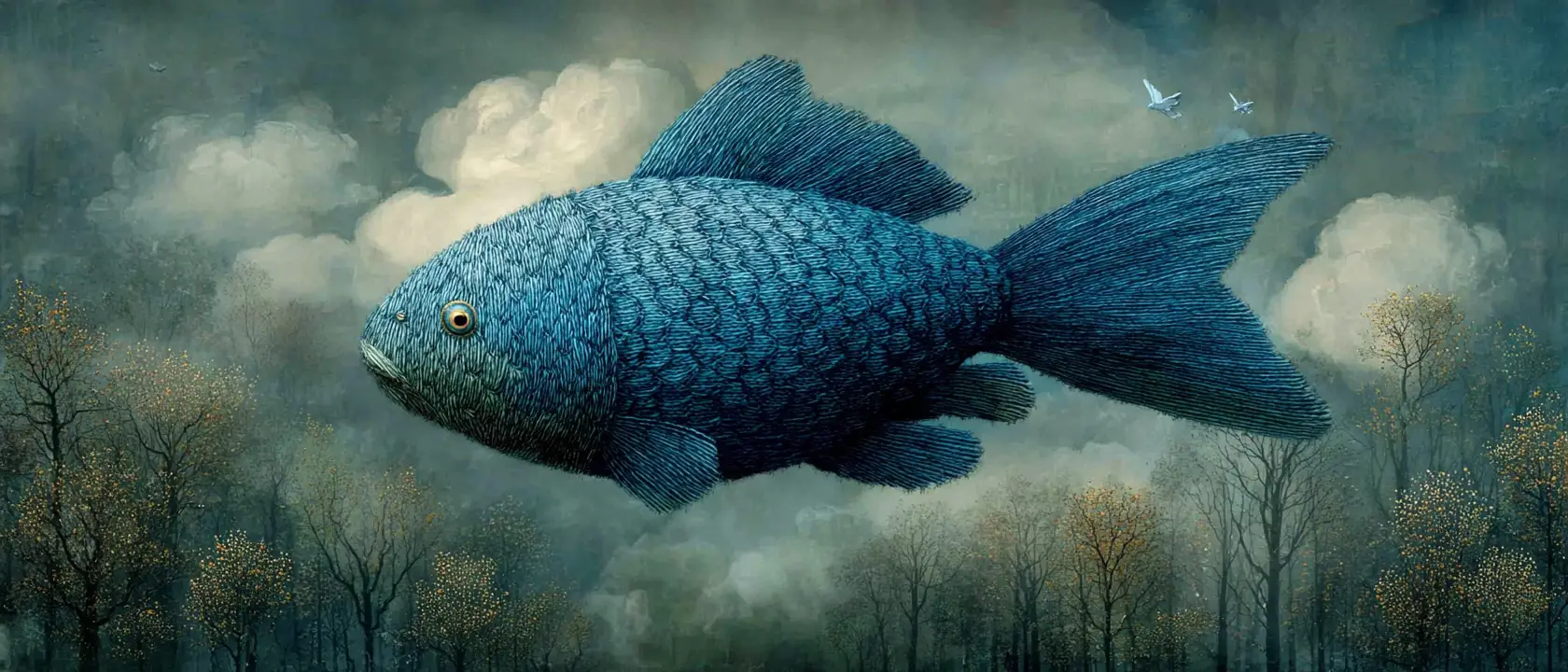 Surrealer blauer Fisch fliegt zwischen Wolken im Wald