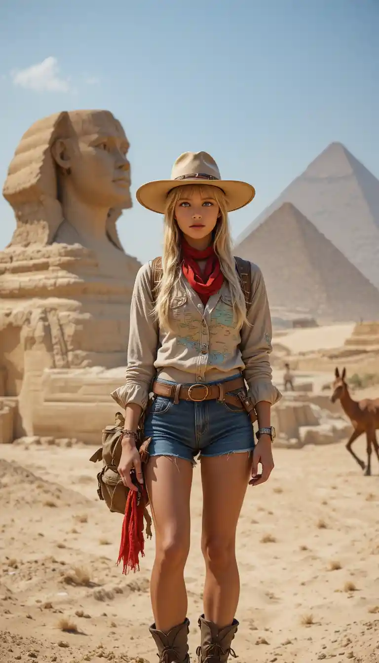 Young blonde adventurer girl in front of the Sphinx