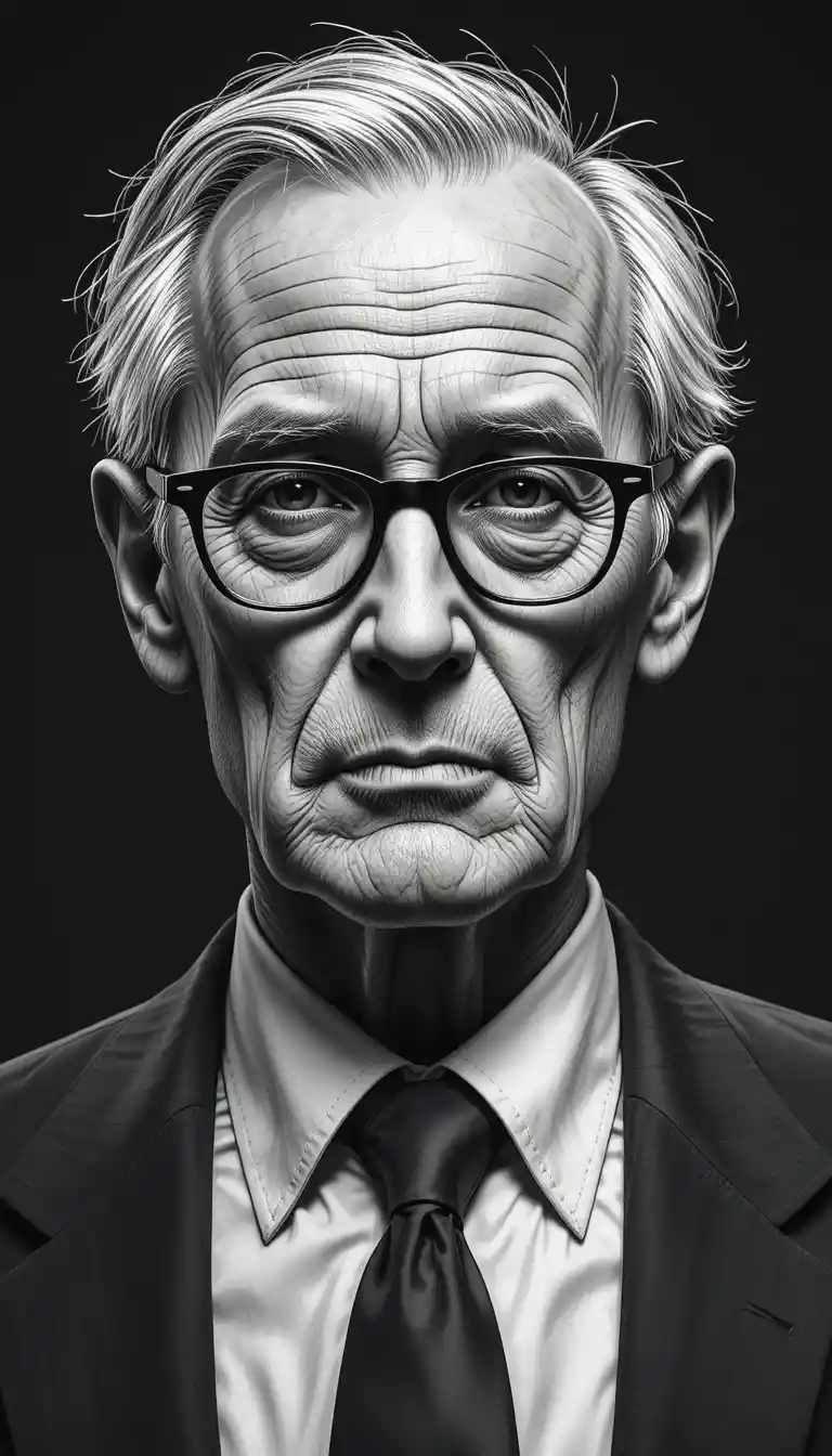 Retrato de idoso de terno em desenho digital em tons de cinza