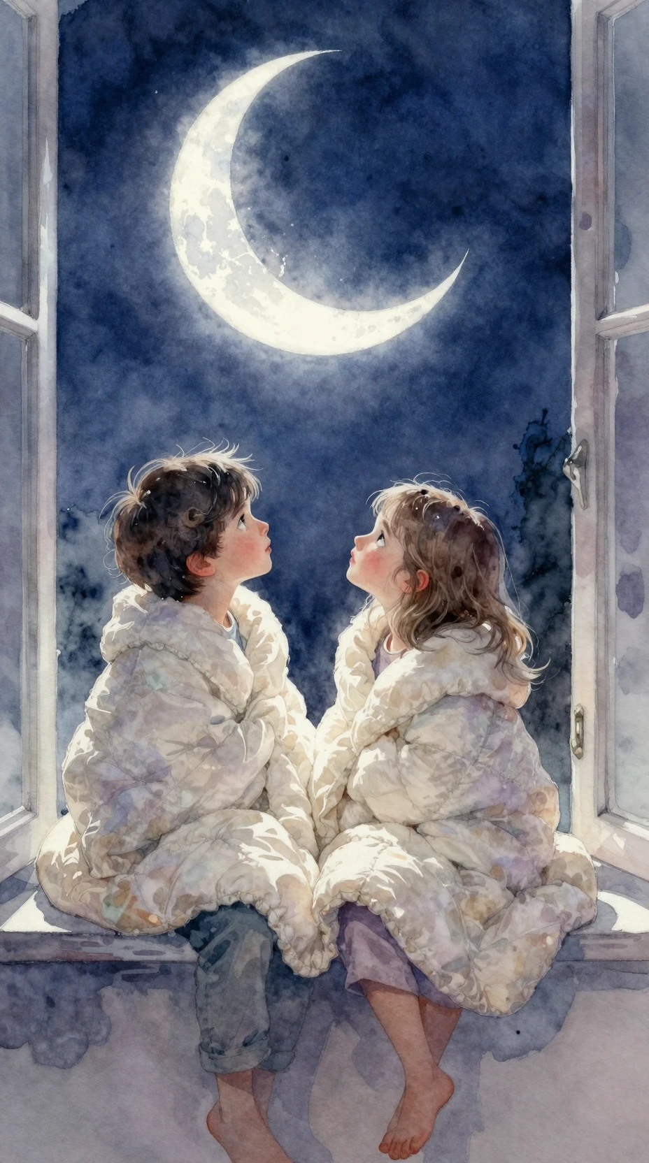 Fratrie en aquarelle contemplant un croissant de lune lumineux