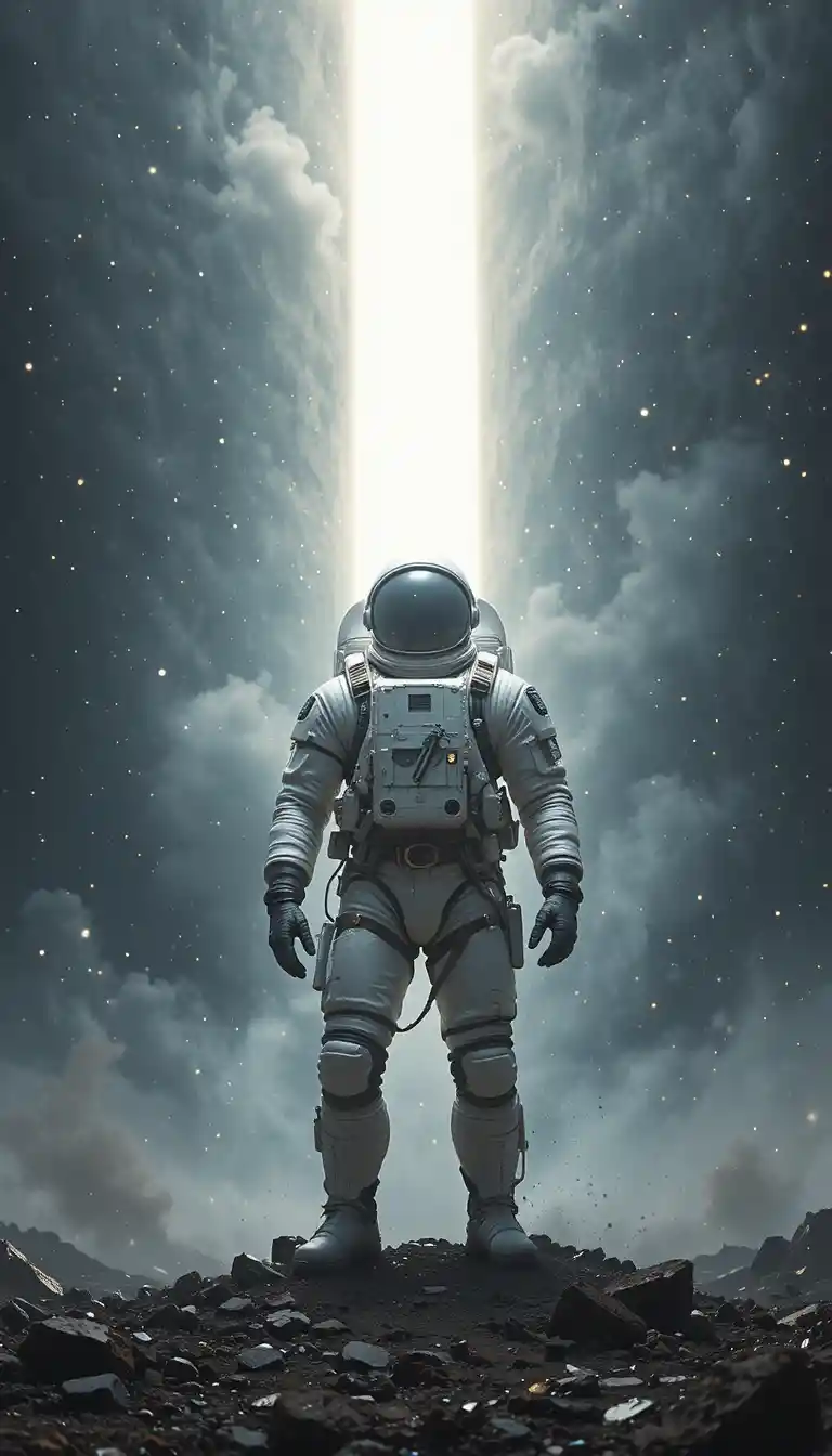 Astronaut vor blendendem vertikalem kosmischem Licht im Schattenriss