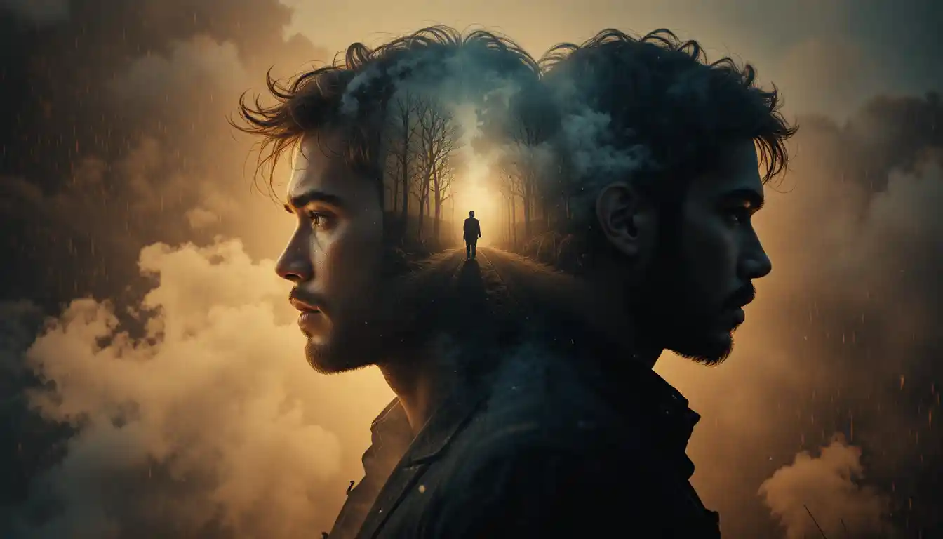 Cinematic double exposure portrait with dramatic facelight