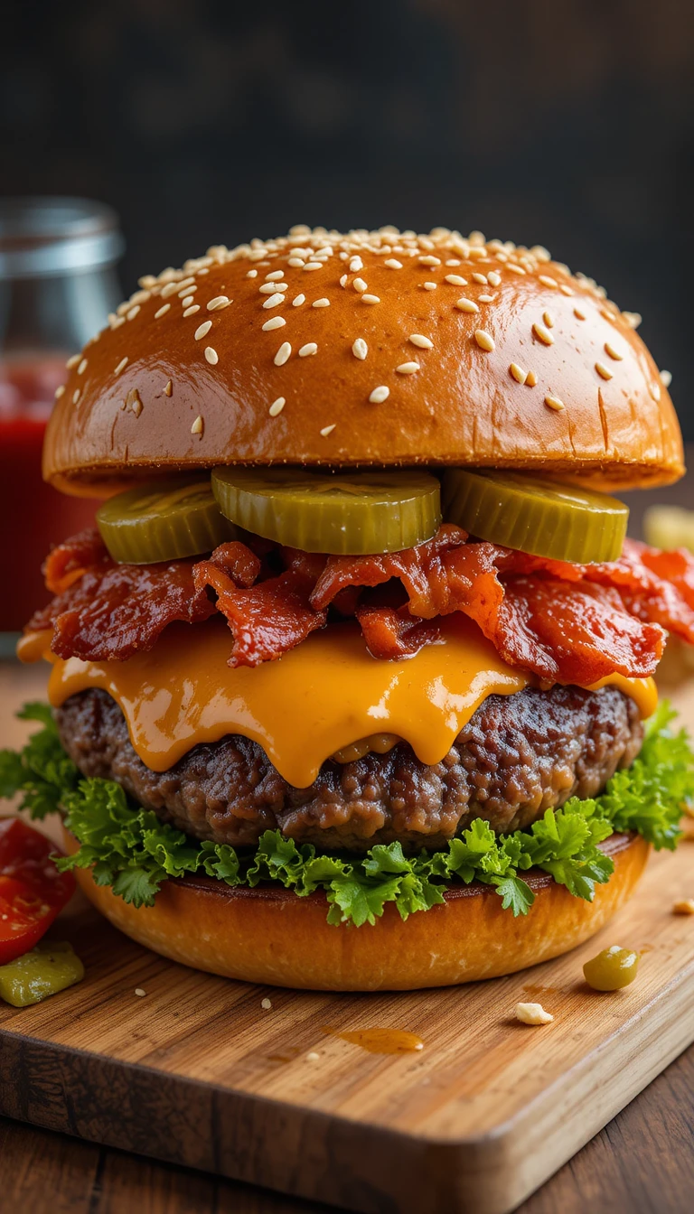 Juicy cheeseburger with bacon and pickles on wooden board