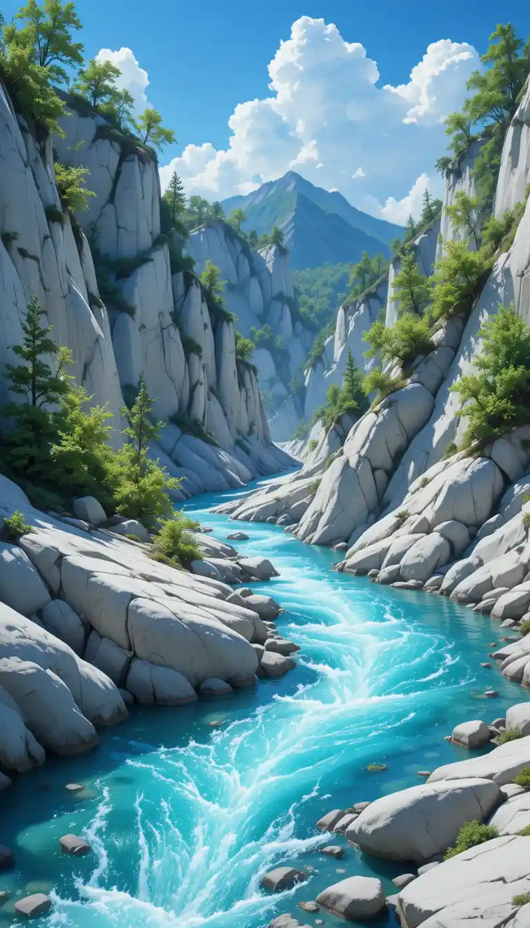 Peaceful river winding through a bright rocky canyon