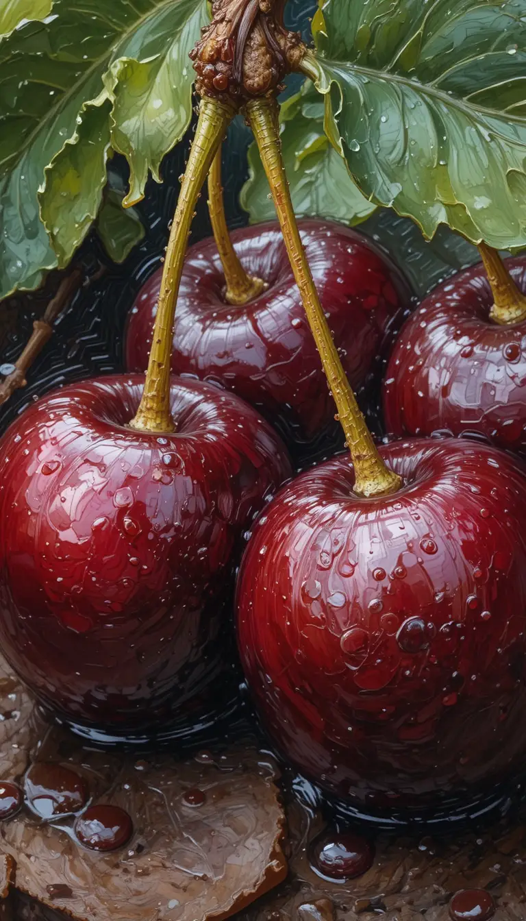Close up impasto painting of ripe cherries in garden