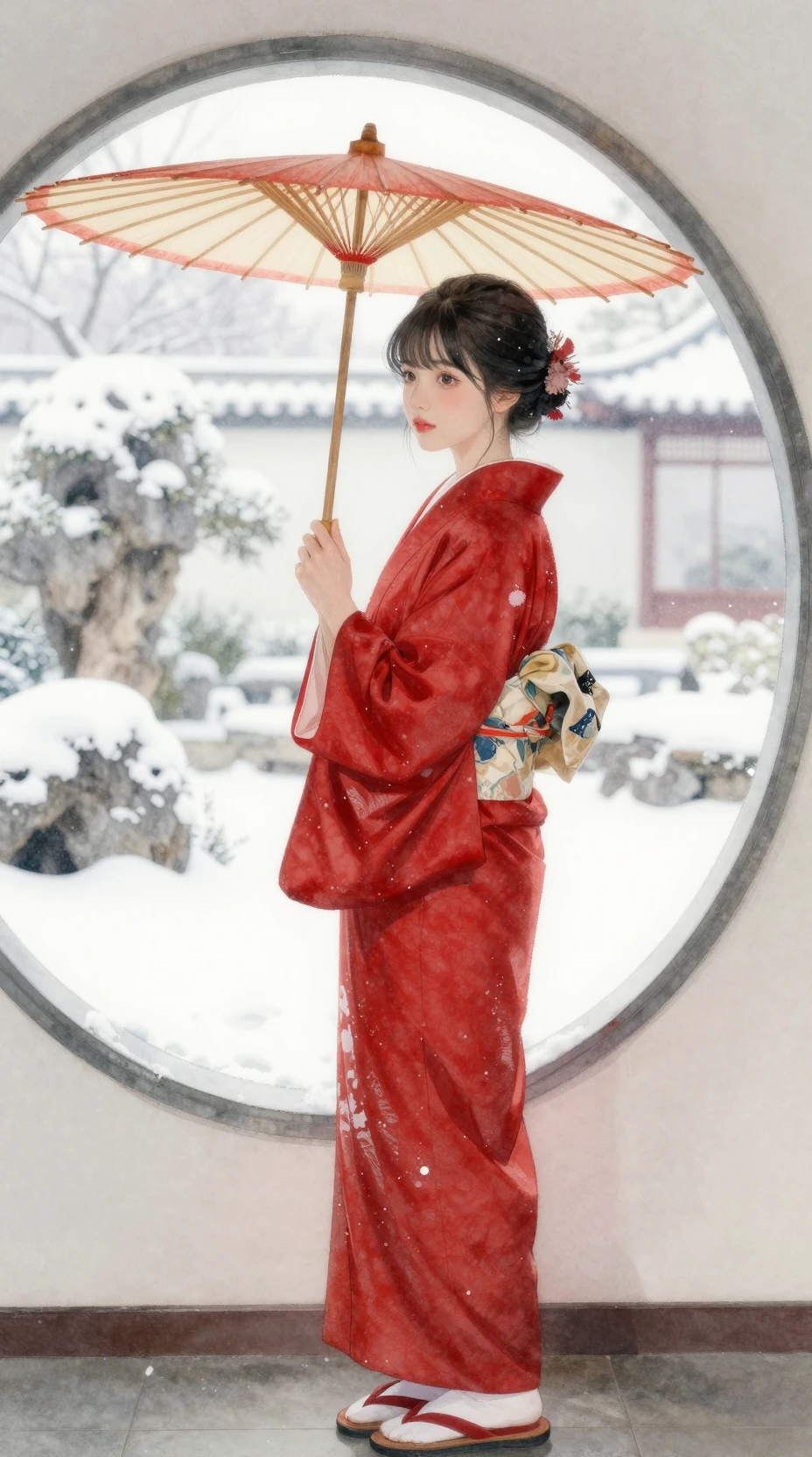 Girl in red kimono by a snowy zen garden window