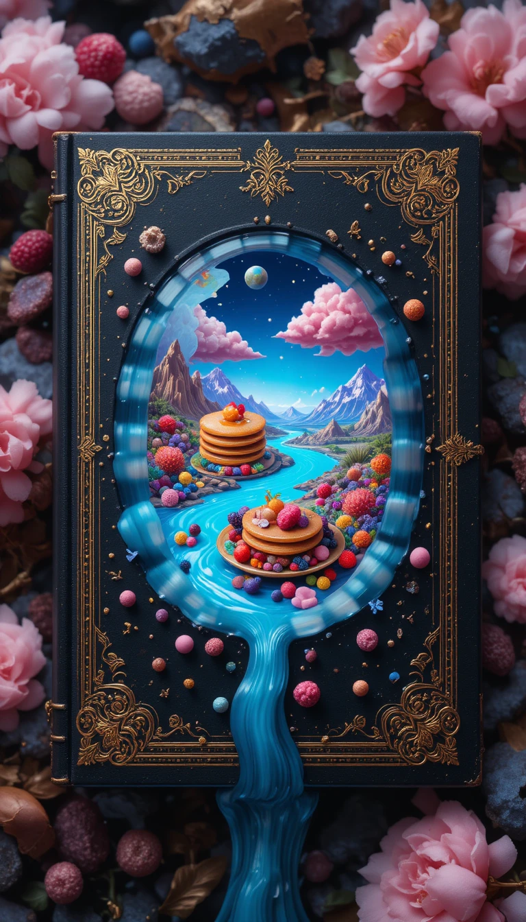 Livro mágico com xarope formando um minúsculo mundo fantástico de café da manhã