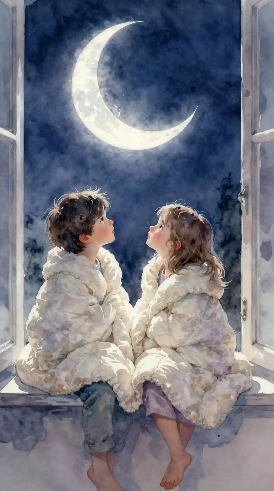 Fratrie en aquarelle contemplant un croissant de lune lumineux
