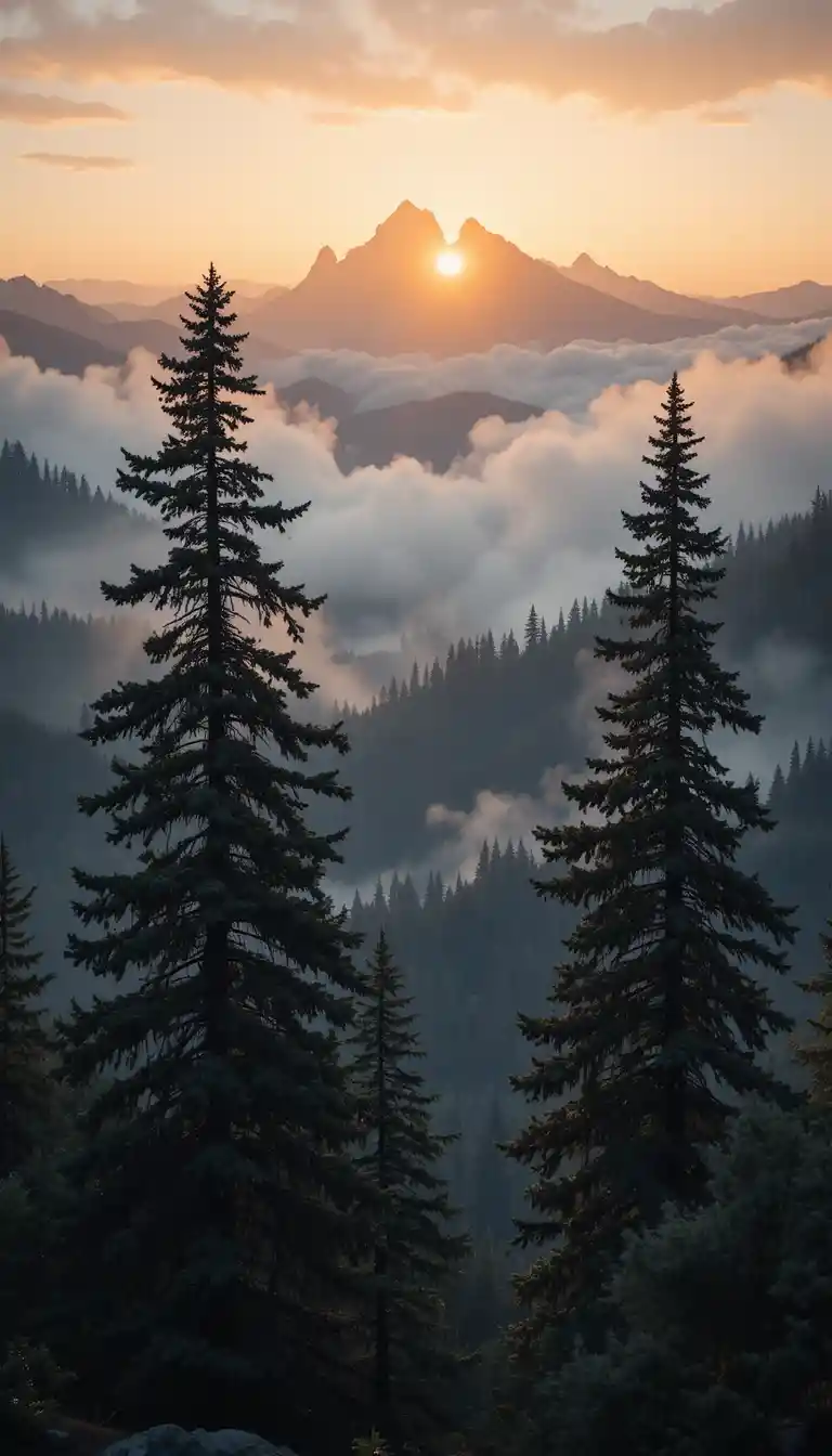 Misty mountain forest at dawn with warm rising light