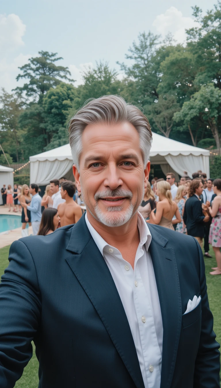 Man in suit taking photo at lively outdoor party
