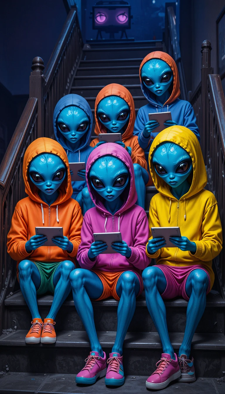 樓梯上專注於發光平板的繽紛藍色外星人