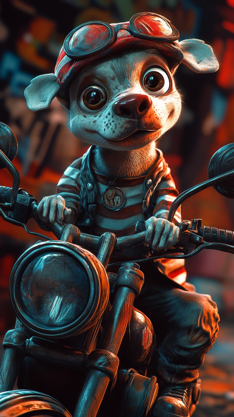 Cachorro em desenho animado brincalhão andando de moto em estilo excêntrico