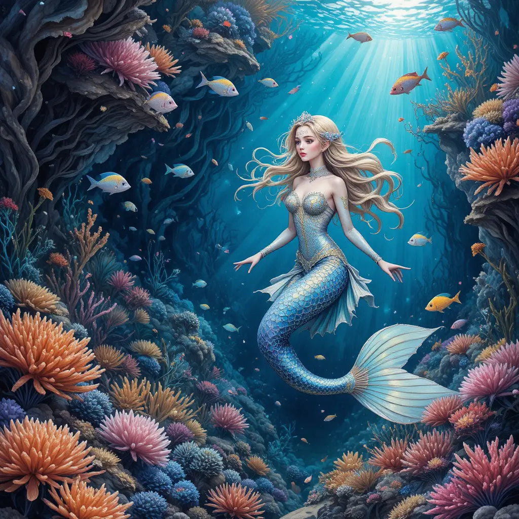 Fantasy mermaid gliding through a colorful coral reef