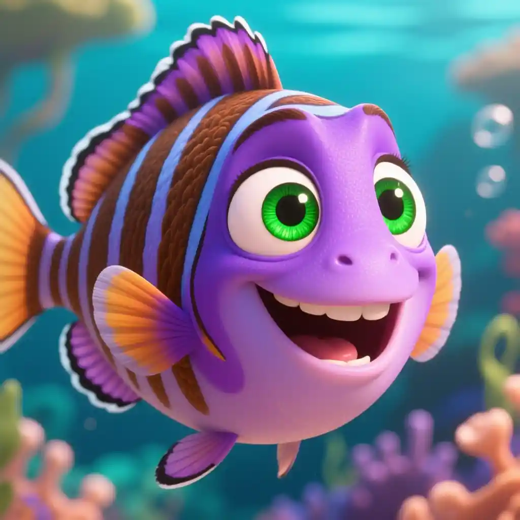 綠眼快樂紫色小魚的 3D 卡通風格